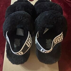 UGG Black Fluff Slingback Sandals with Logo Strap